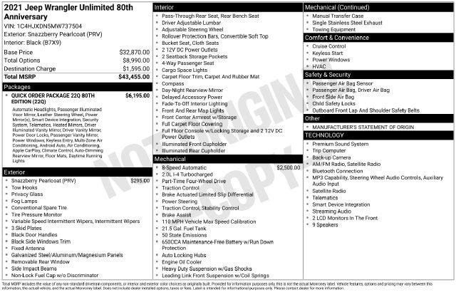 2021 Jeep Wrangler - $26,279