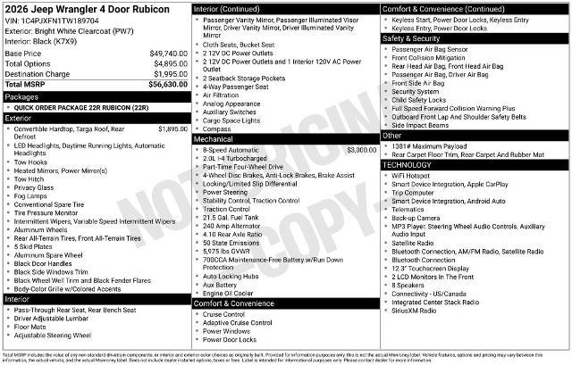 2026 Jeep Wrangler - $37,399