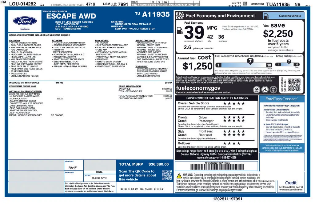 2026 Ford Escape - $32,987