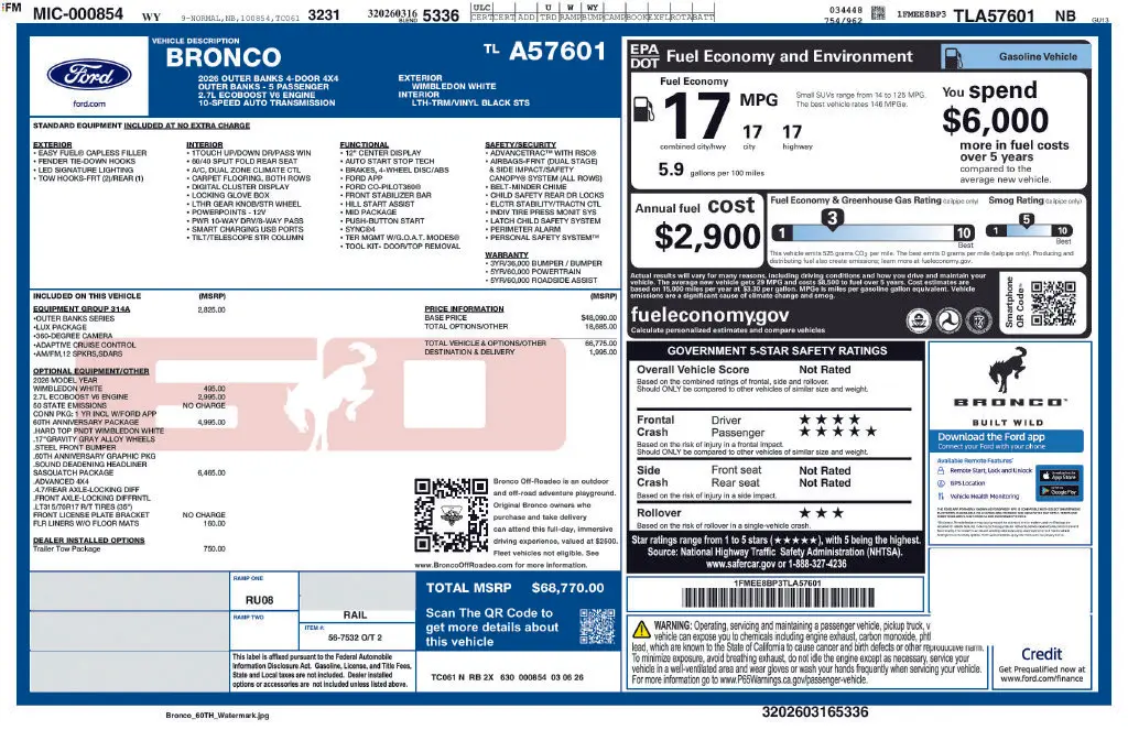 2026 Ford Bronco - $65,092
