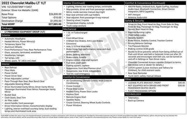 2022 Chevrolet Malibu - $17,194