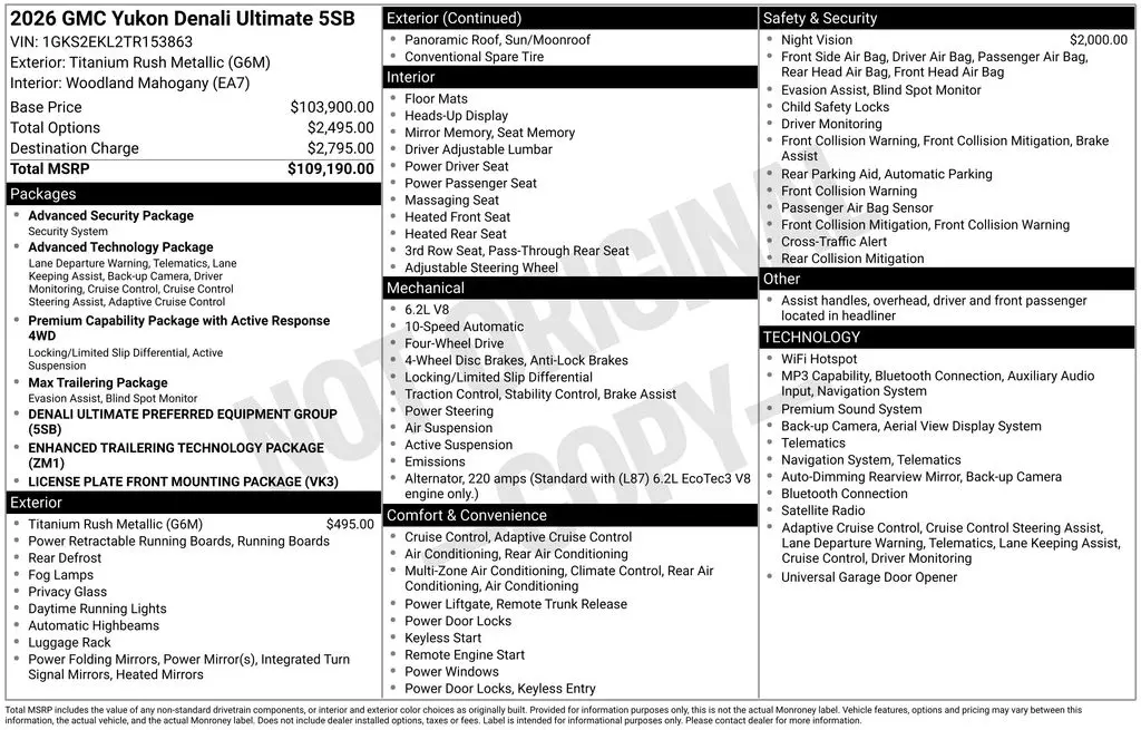 2026 GMC Yukon - $104,860
