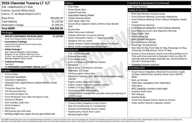 2026 Chevrolet Traverse - $36,350