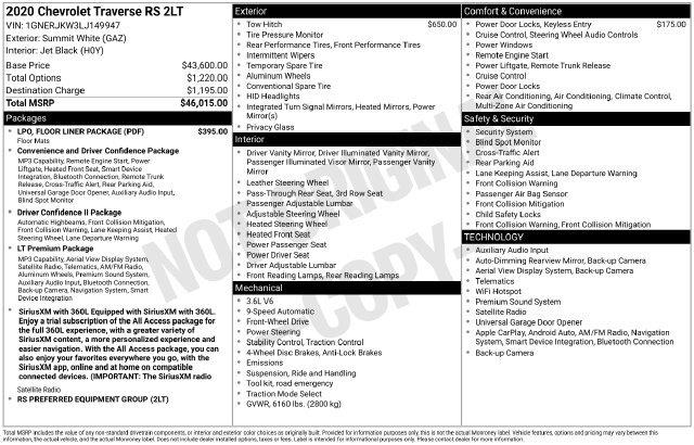 2020 Chevrolet Traverse - $18,954