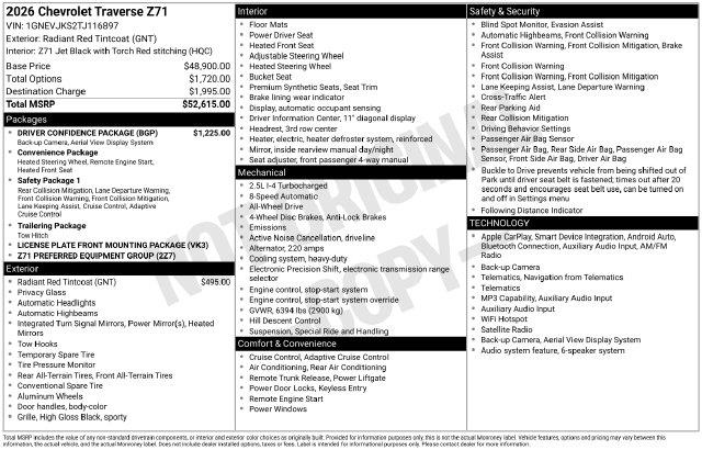 2026 Chevrolet Traverse - $45,550