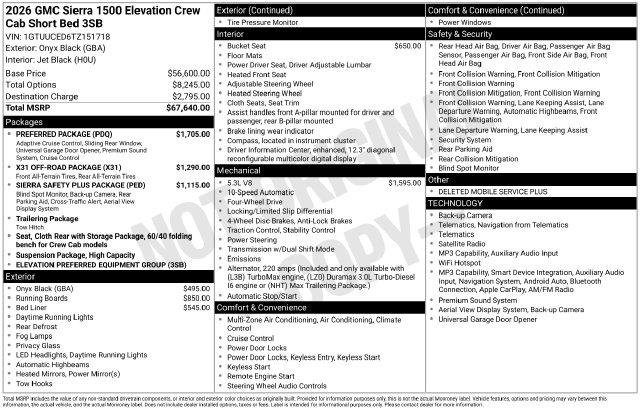 2026 GMC Sierra - $52,790