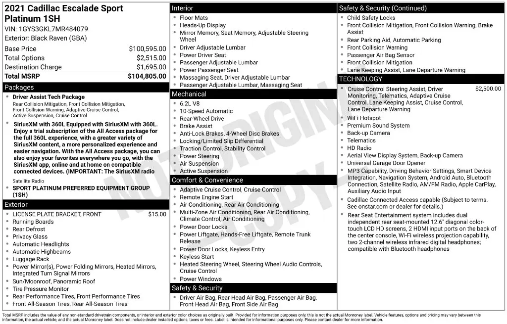 2021 Cadillac Escalade - $53,988