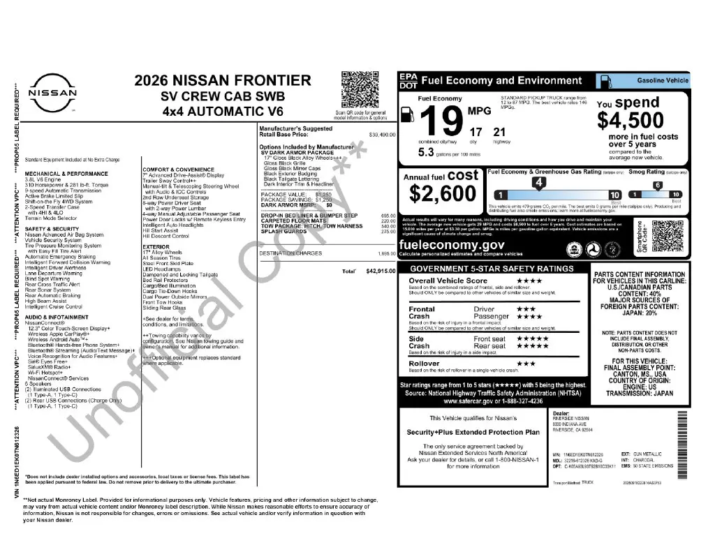 2026 Nissan Frontier - $36,798