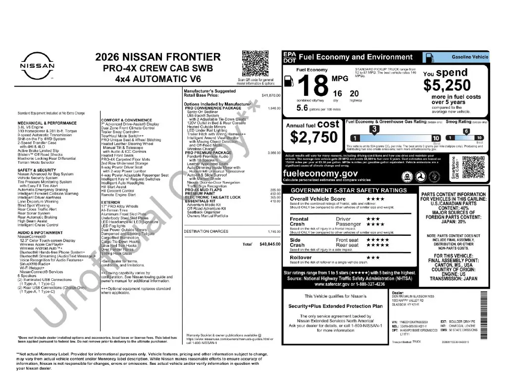 2026 Nissan Frontier - $44,011