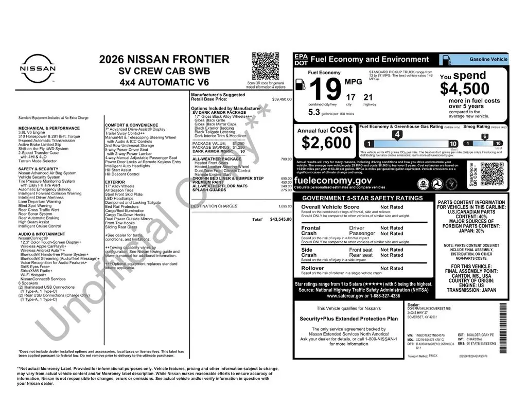 2026 Nissan Frontier - $40,615