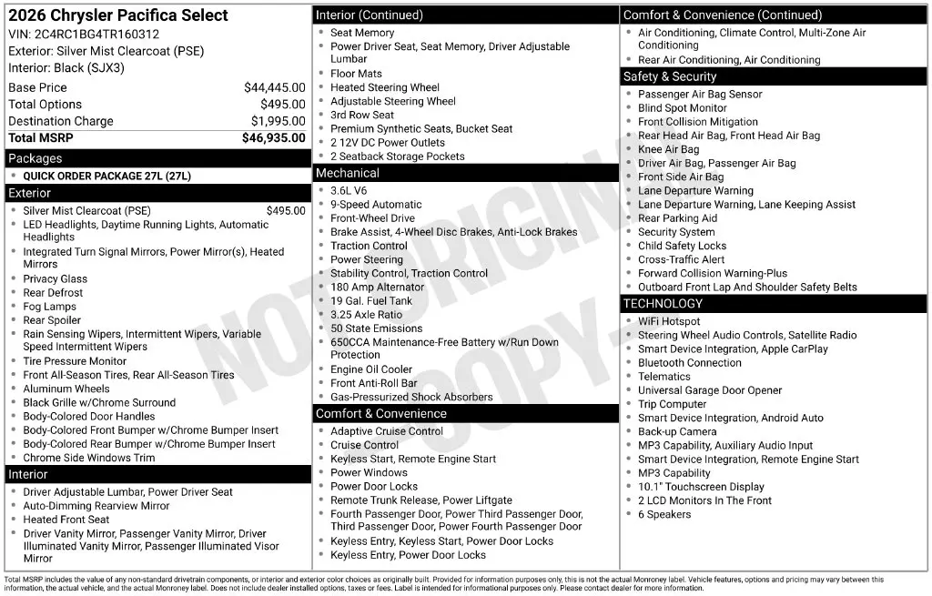 2026 Chrysler Pacifica - $32,400