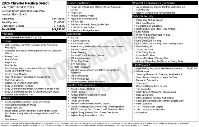 2026 Chrysler Pacifica - $31,480