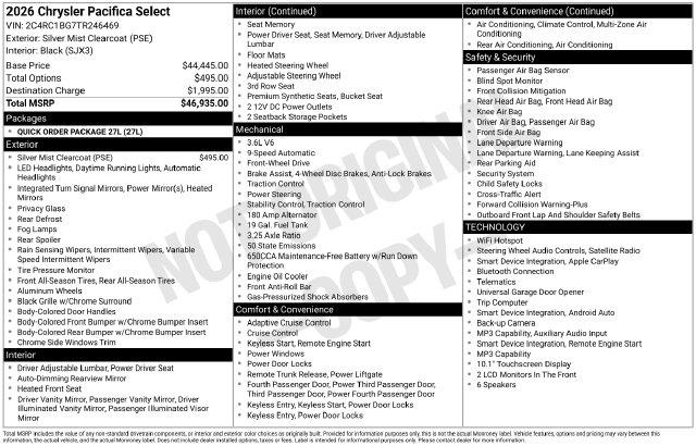2026 Chrysler Pacifica - $31,000