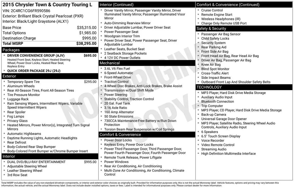 2015 Chrysler Town And Country - $6,500