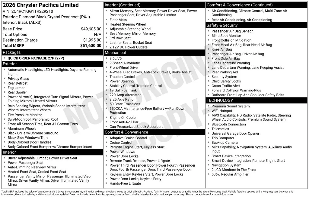 2026 Chrysler Pacifica - $38,975