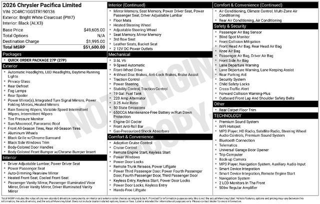 2026 Chrysler Pacifica - $34,995