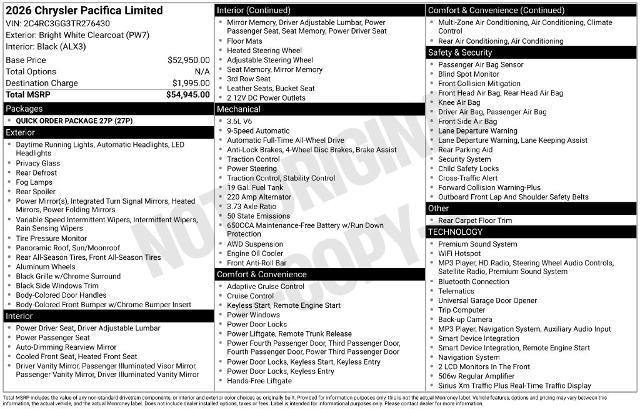 2026 Chrysler Pacifica - $44,498