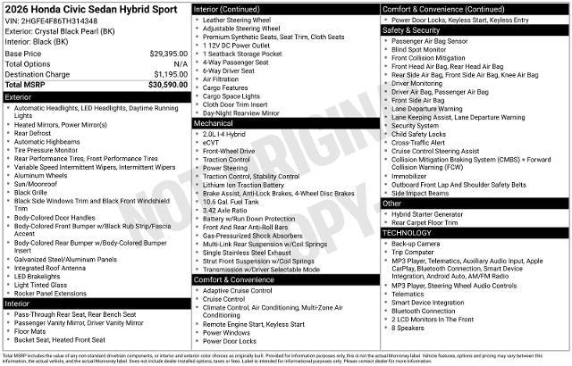 2026 Honda Civic - $31,975
