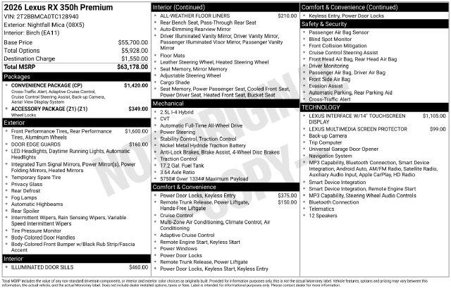 2026 Lexus RX - $60,881