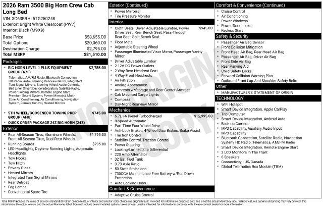 2026 Ram 3500 - $59,794