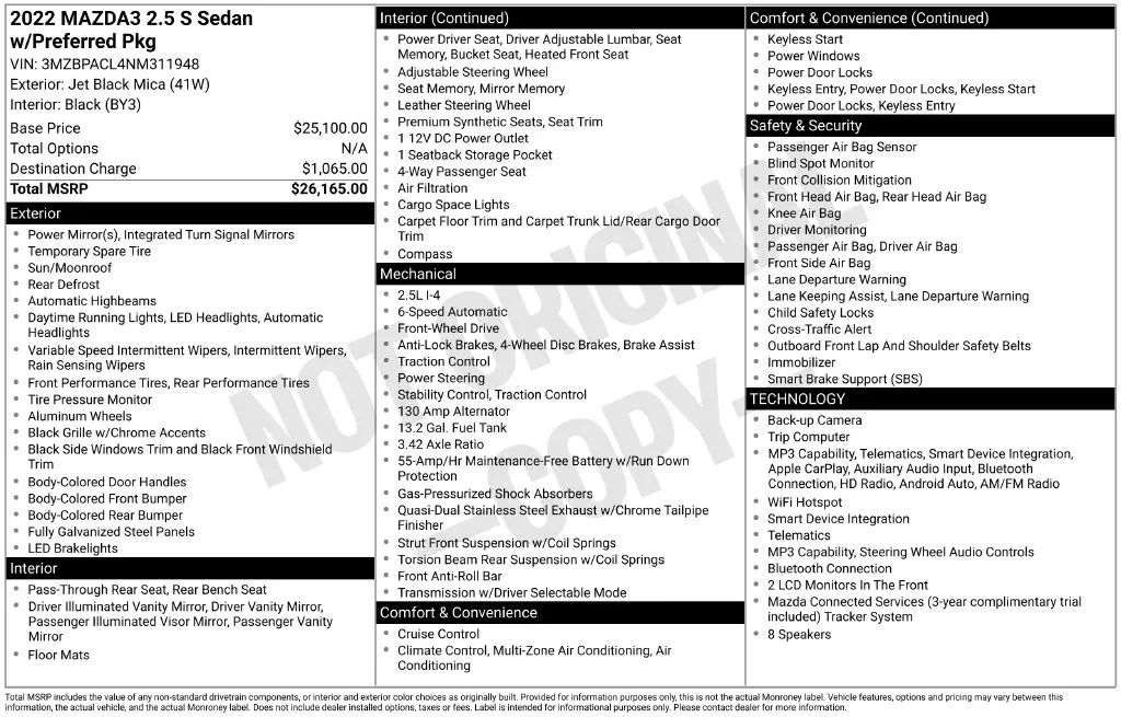 2022 MAZDA MAZDA3 - $18,500