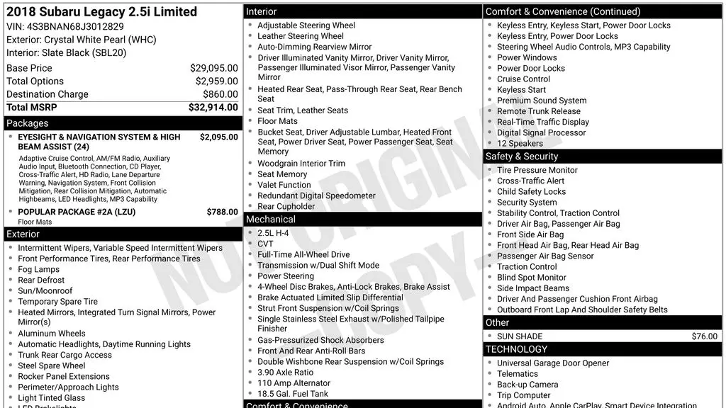 2018 Subaru Legacy 2.5i Limited