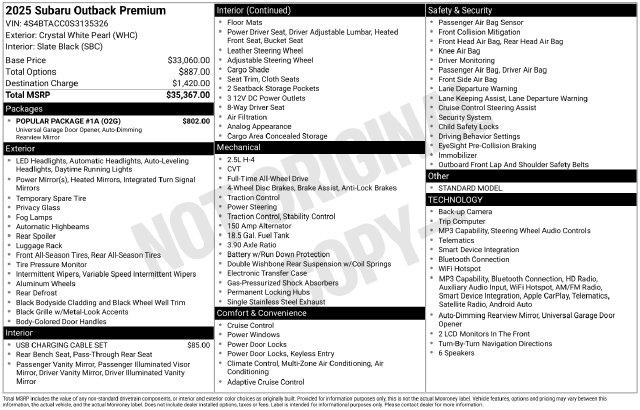 2025 Subaru Outback - $24,199