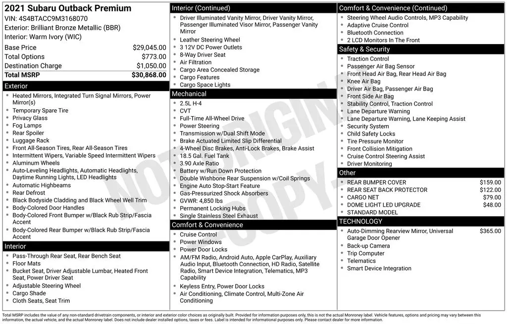 2021 Subaru Outback - $19,188