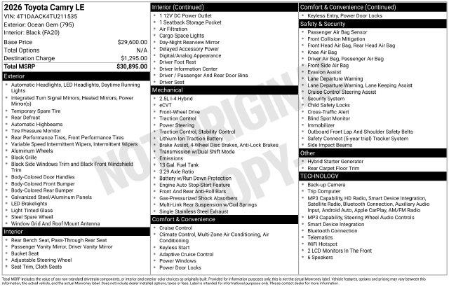2026 Toyota Camry - $29,203