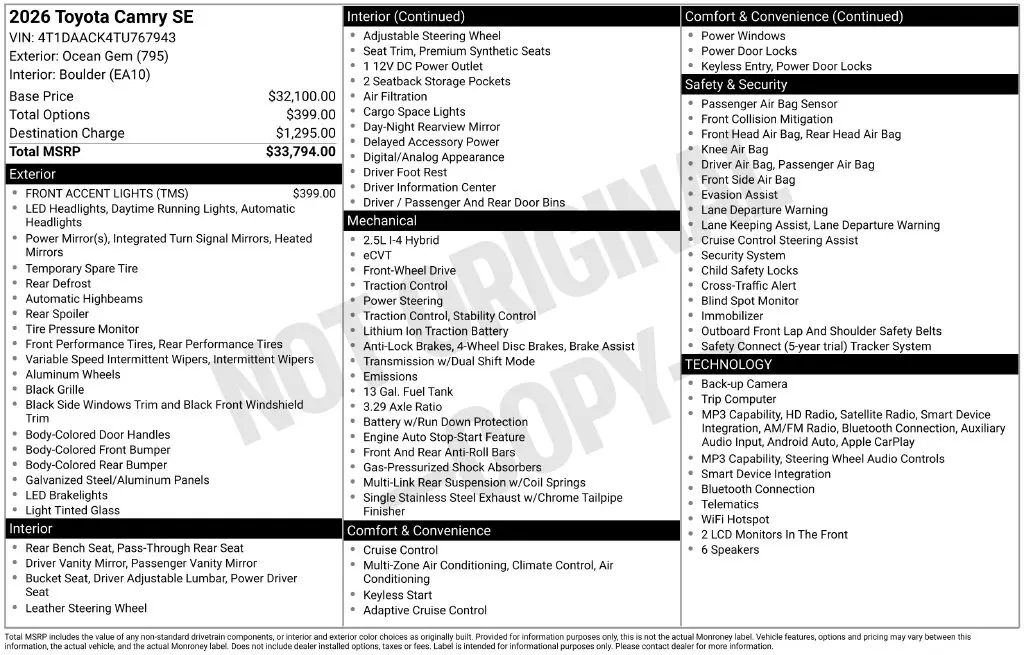 2026 Toyota Camry - $34,925
