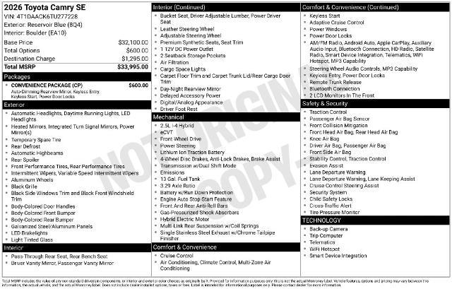 2026 Toyota Camry - $30,900
