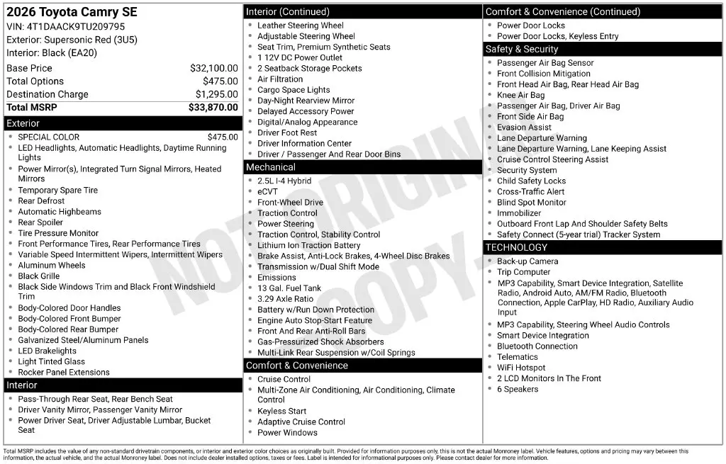 2026 Toyota Camry - $33,850