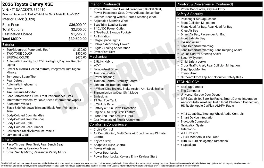 2026 Toyota Camry - $41,997