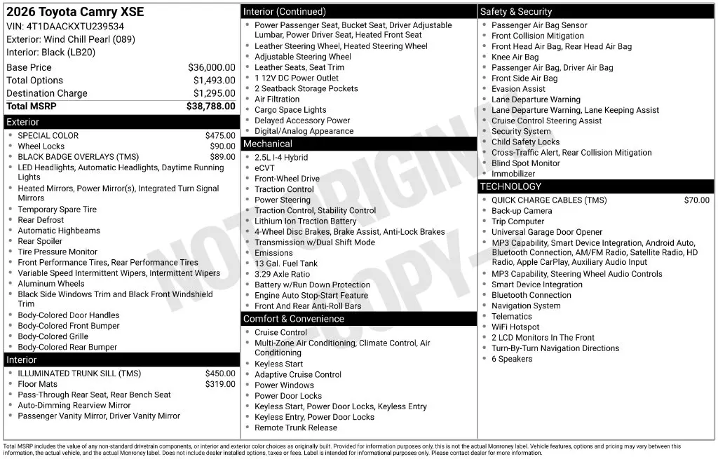 2026 Toyota Camry - $38,324