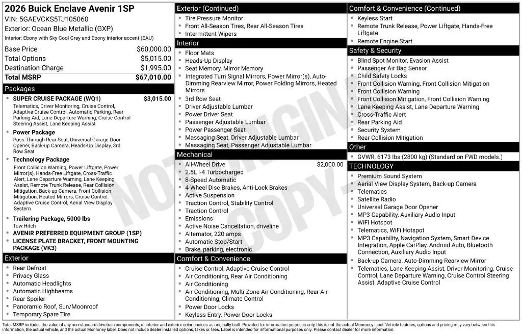 2026 Buick Enclave - $52,924