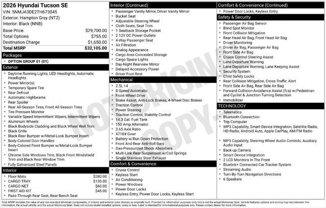 2026 Hyundai Tucson - $27,599
