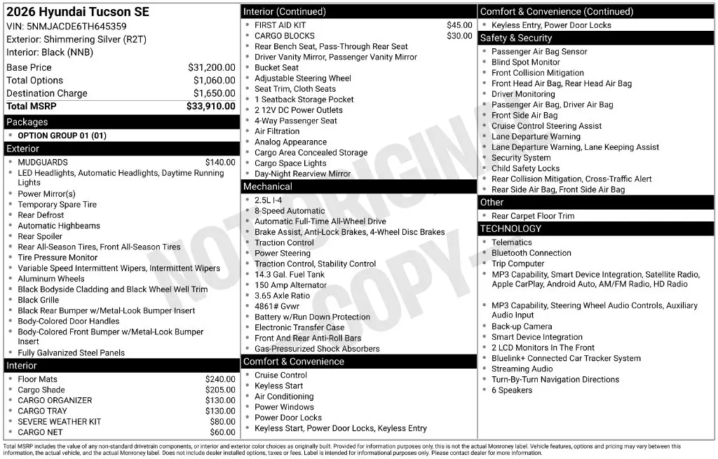 2026 Hyundai Tucson - $28,360