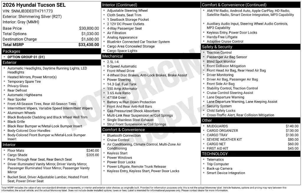 2026 Hyundai Tucson - $27,432