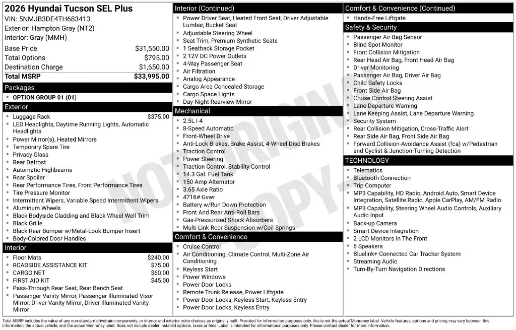 2026 Hyundai Tucson - $25,700
