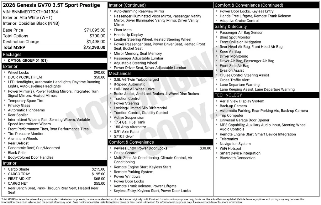 2026 Genesis Gv70 - $62,579