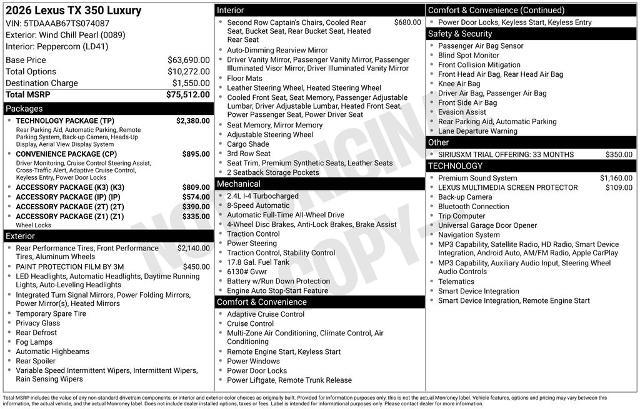 2026 Lexus Tx - $68,243