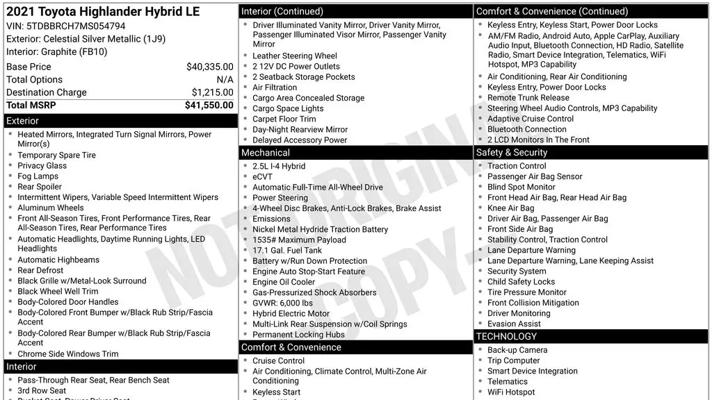 2021 Toyota Highlander Hybrid LE