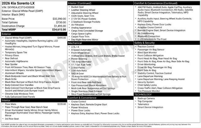 2026 Kia Sorento - $31,800