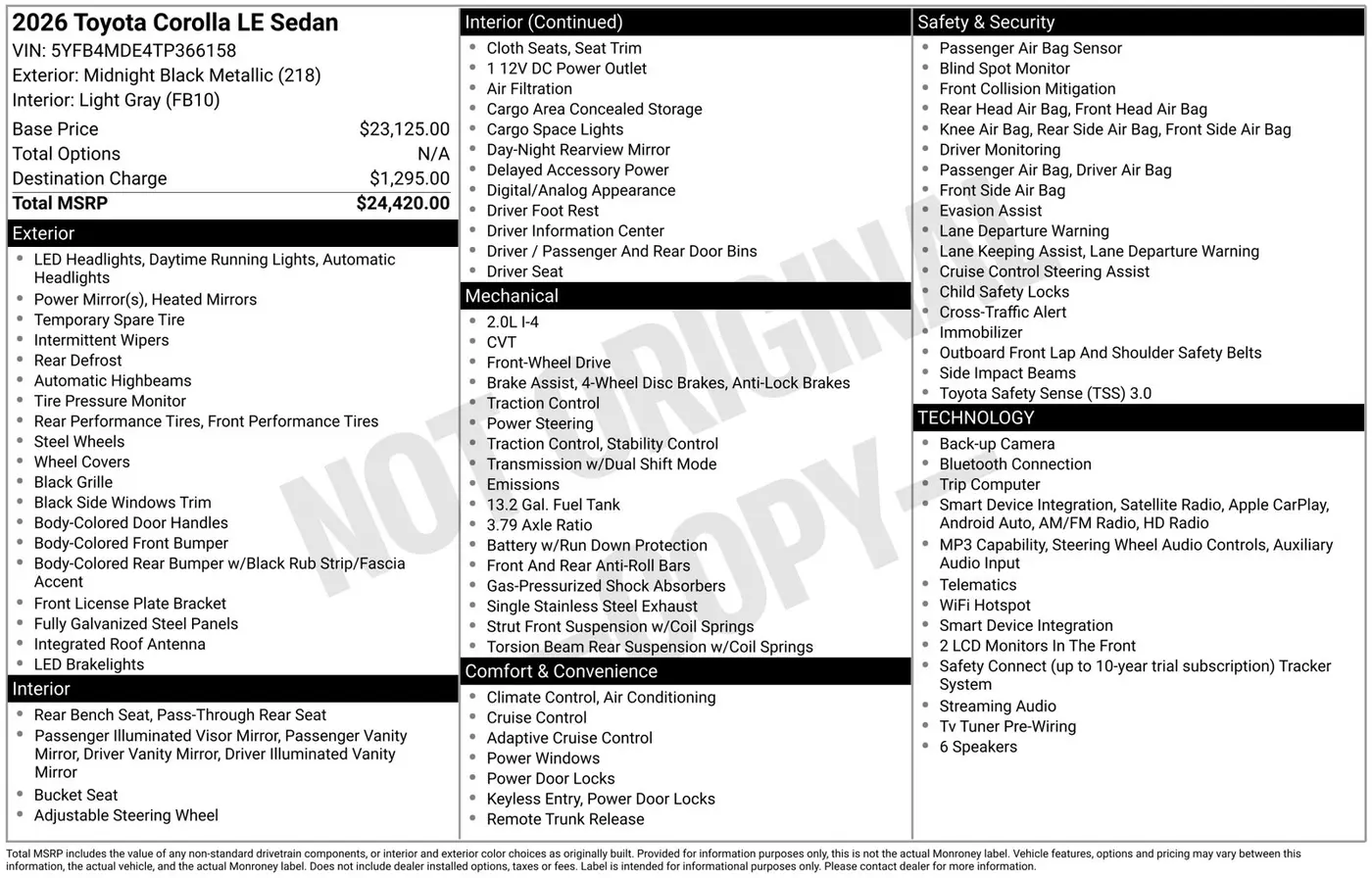 2026 Toyota Corolla - $22,592