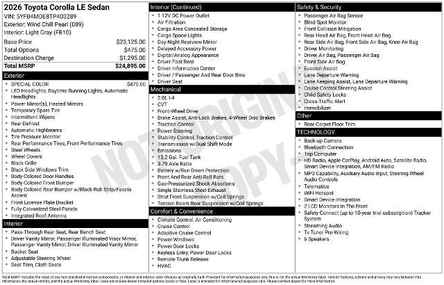2026 Toyota Corolla - $23,582