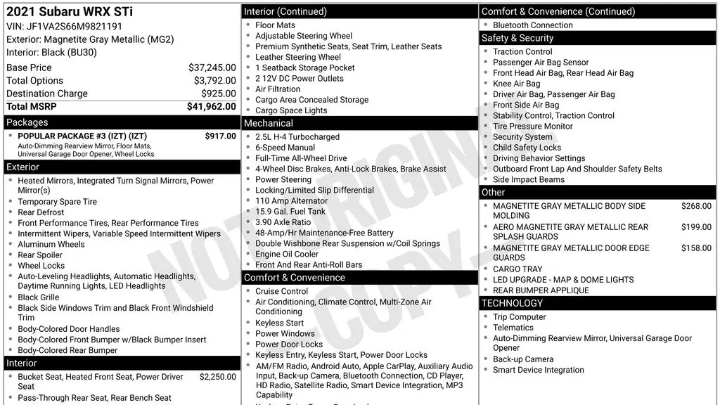 Preowned 2021 Subaru WRX STI for Sale