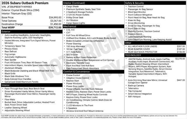 2026 Subaru Outback - $32,515