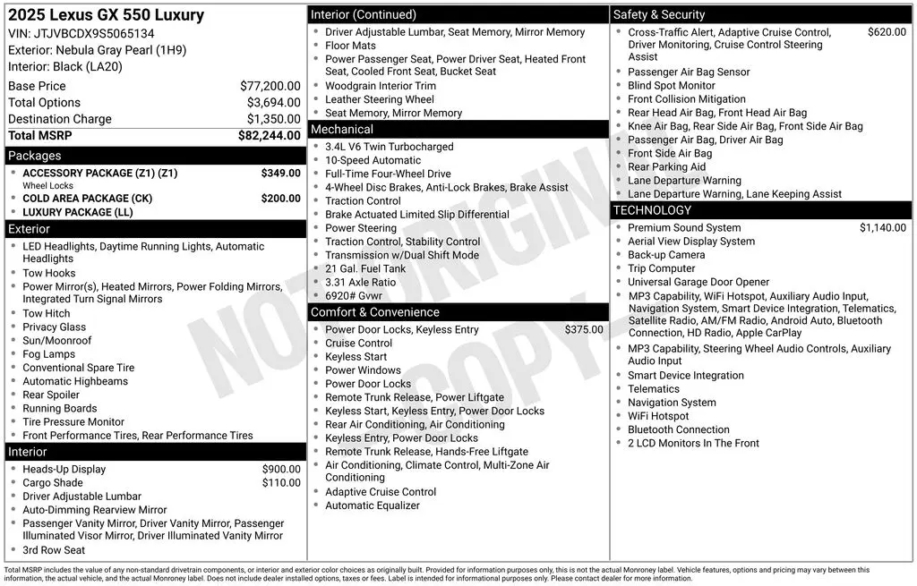 2025 Lexus GX - $85,000