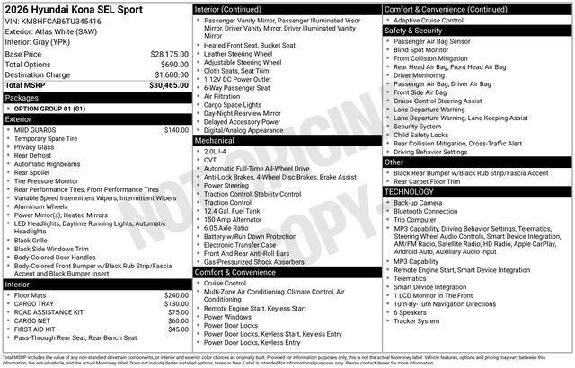2026 Hyundai Kona - $25,050
