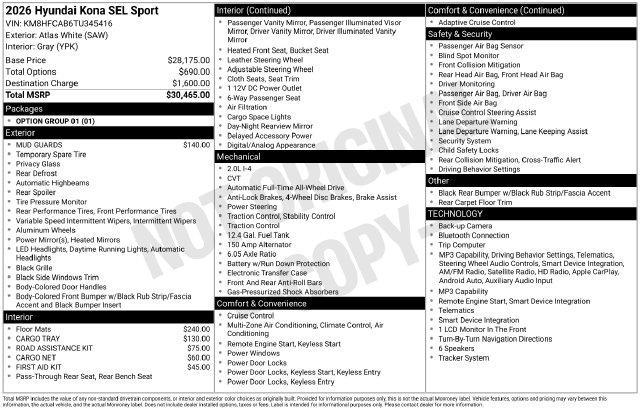 2026 Hyundai Kona - $24,811